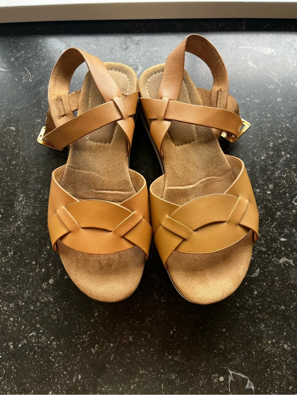 Kelsi Dagger Platform Sandals — Cognac Brown and White Striped Sole